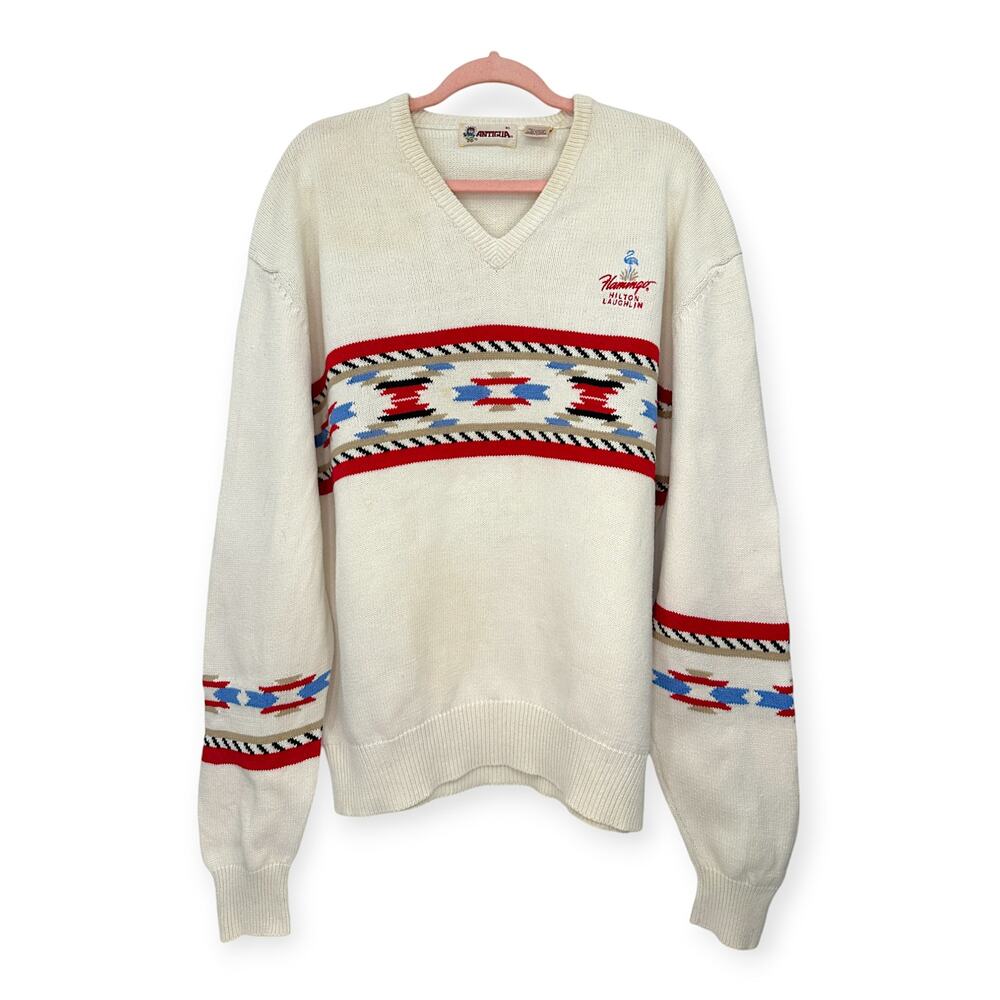 VINTAGE Flamingo Hilton Hotel Casino Laughlin Nevada V-Neck Southwest Sweater XL
